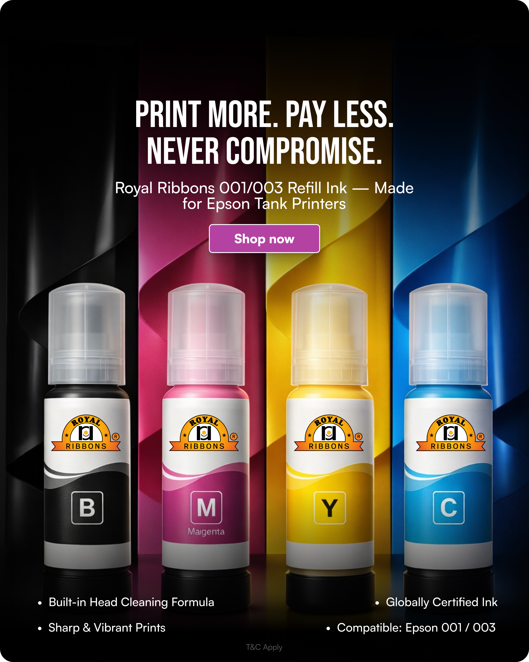 Royal Ribbons Epson Refill Ink — Print More, Pay Less. High-quality Epson-compatible refill ink for vibrant, long-lasting prints at a fraction of the cost.